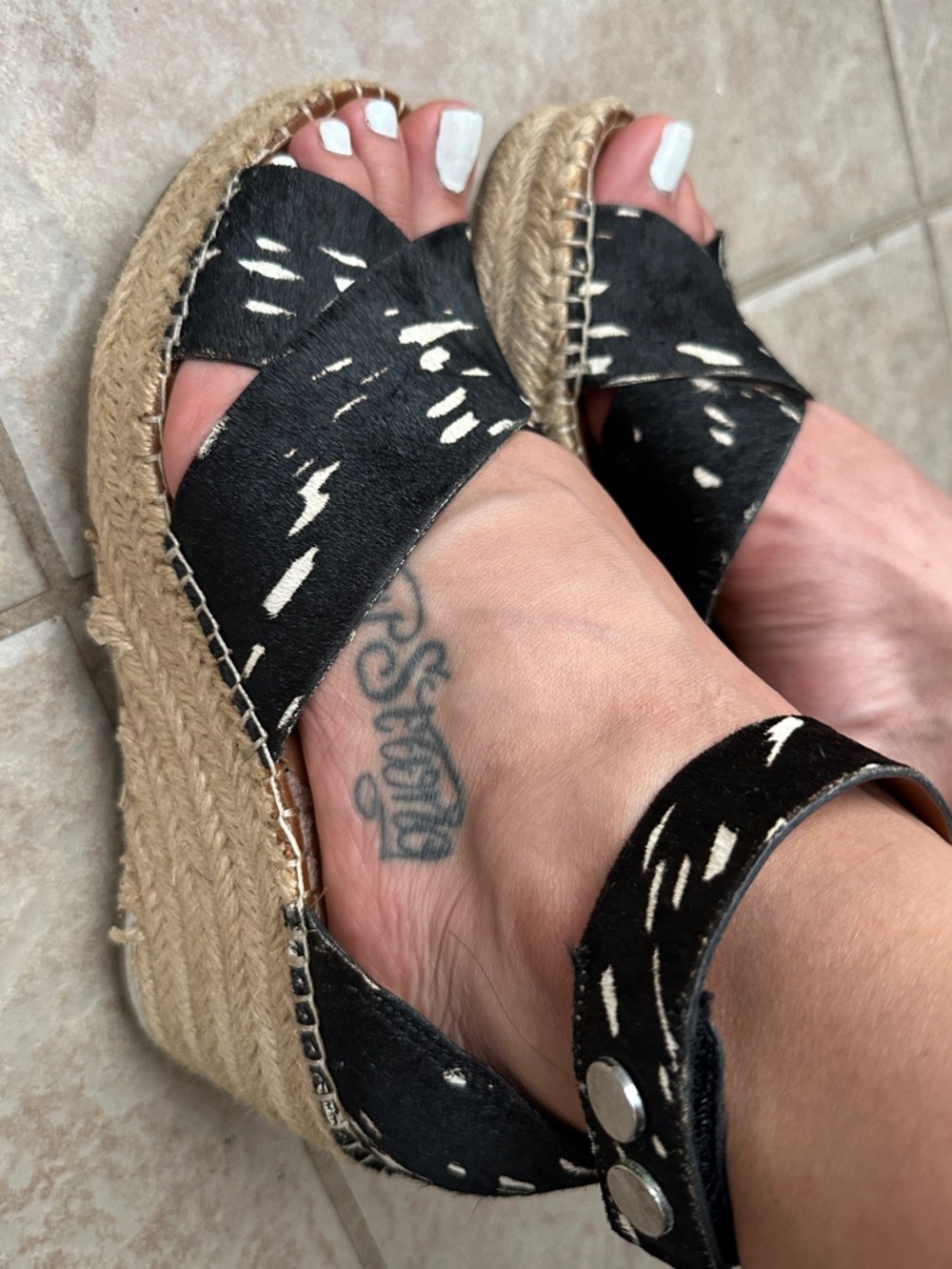 Franco Sarto Black and Cream Espadrille Wedge Sandals